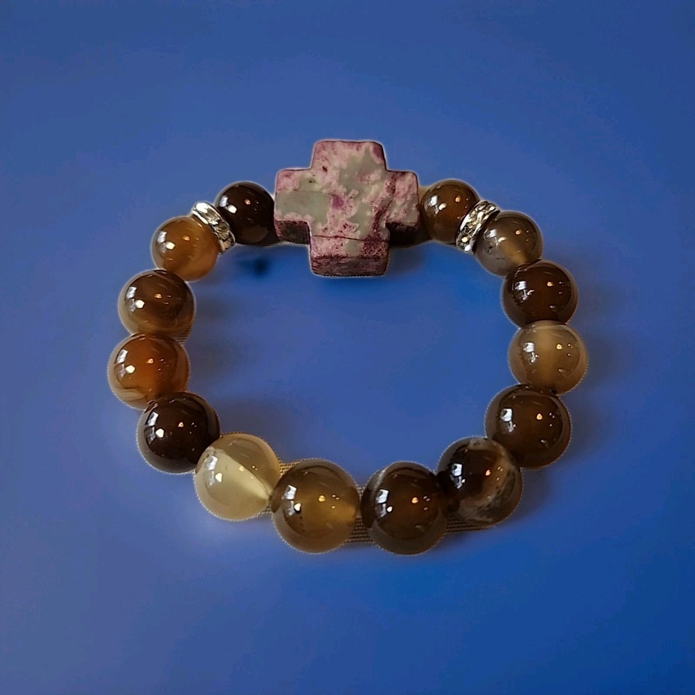 Natural Polished Agate Bracelet Stones, Cross, Silver & Cubic Charms Christian
